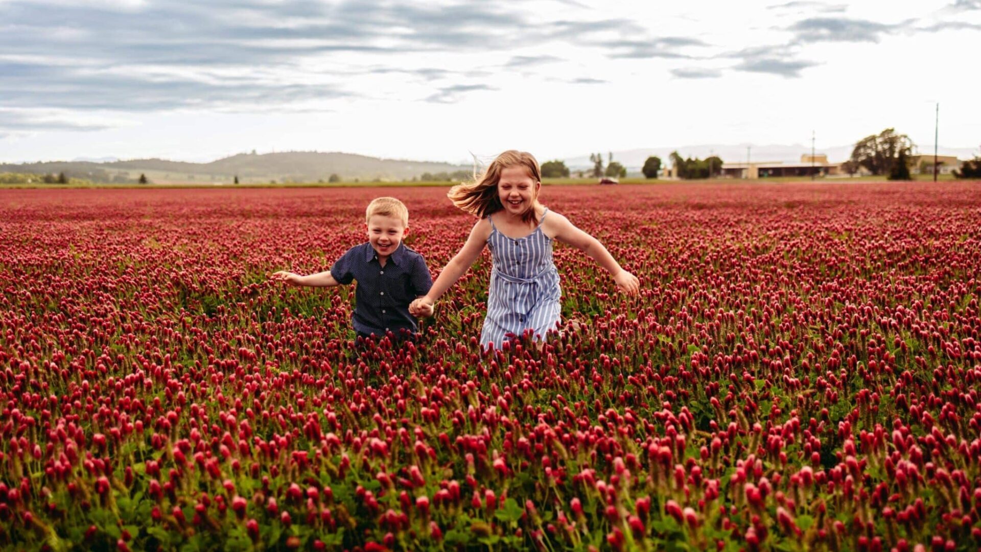 Kids running through a field in bloom on the farm